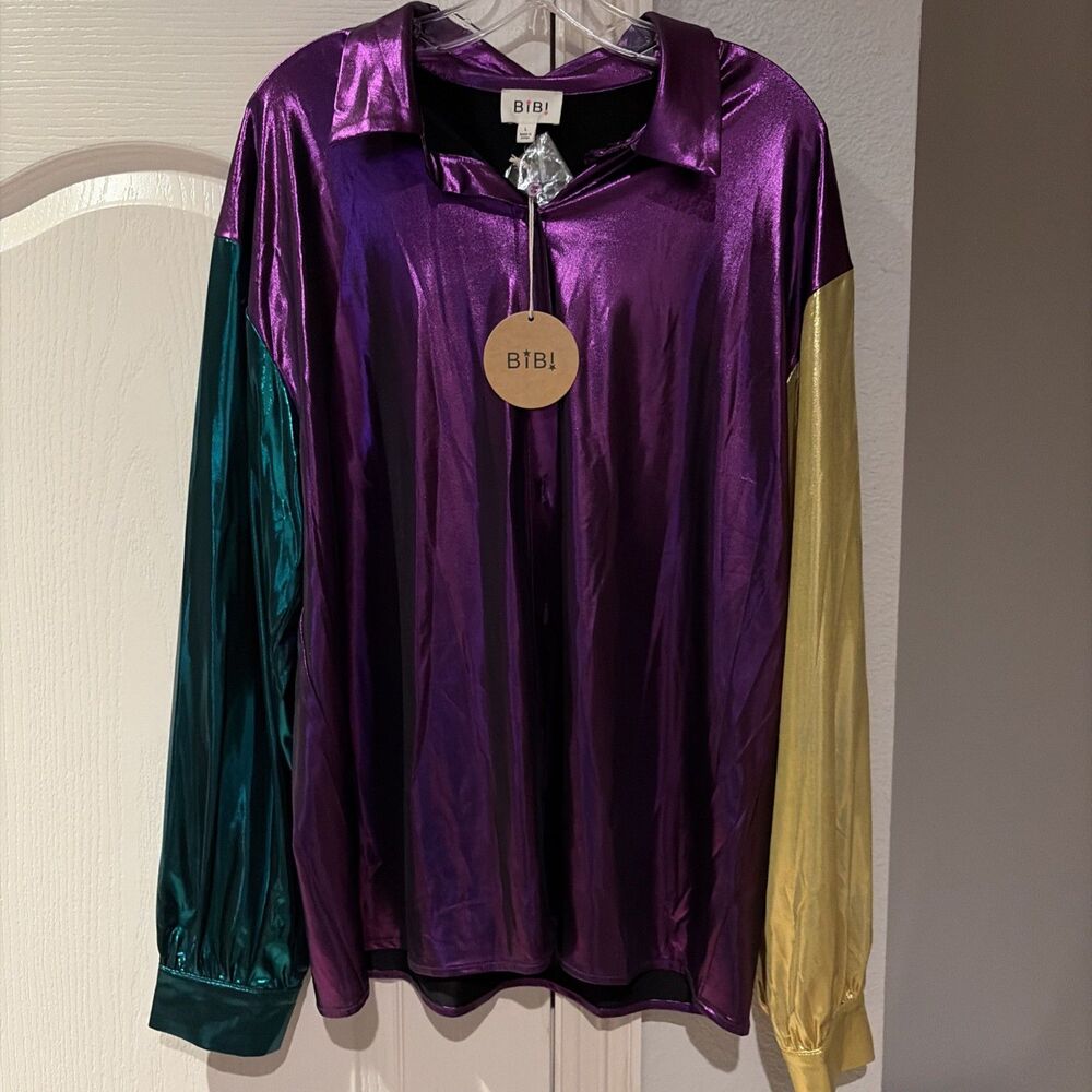BRAND NEW BiBi Mardi Gras Metallic Shiny Button Down Shirt Blouse Size Large NEW